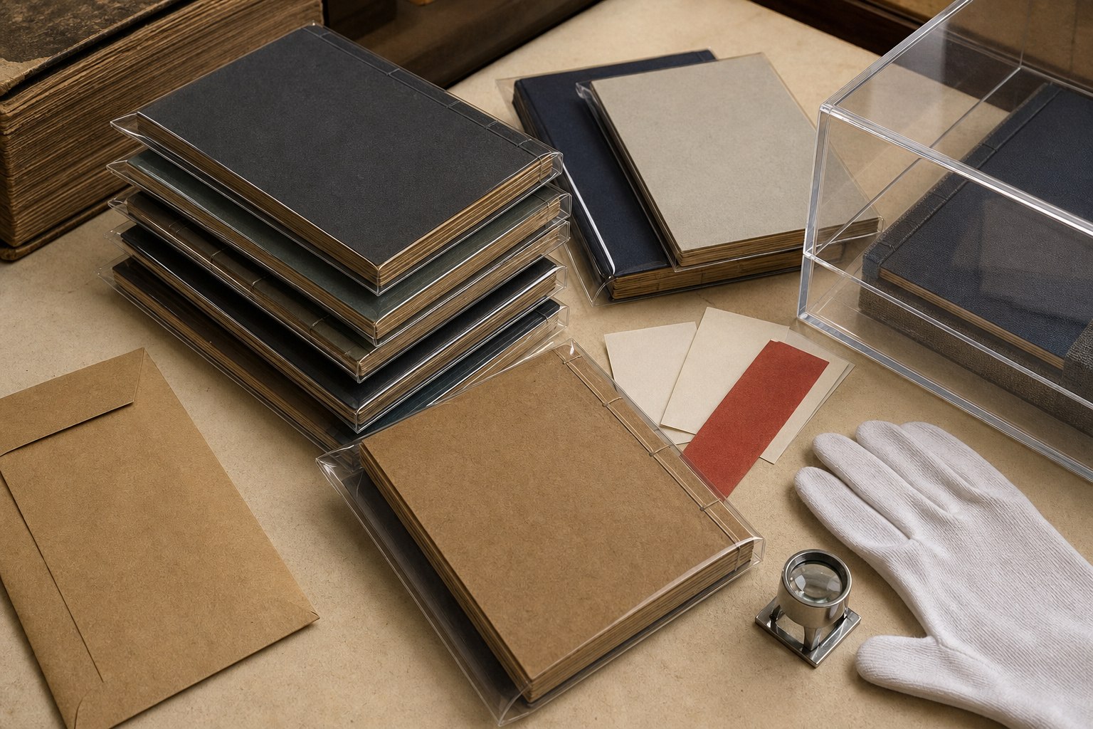 Carefully preserved books in archival sleeves beside a collector's loupe and gloves